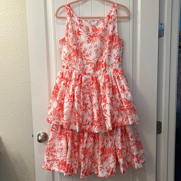 J. Peterman Dresses & Skirts - 1950s style toile dress Sz 8 red coral floral bird J Peterman tiered bow